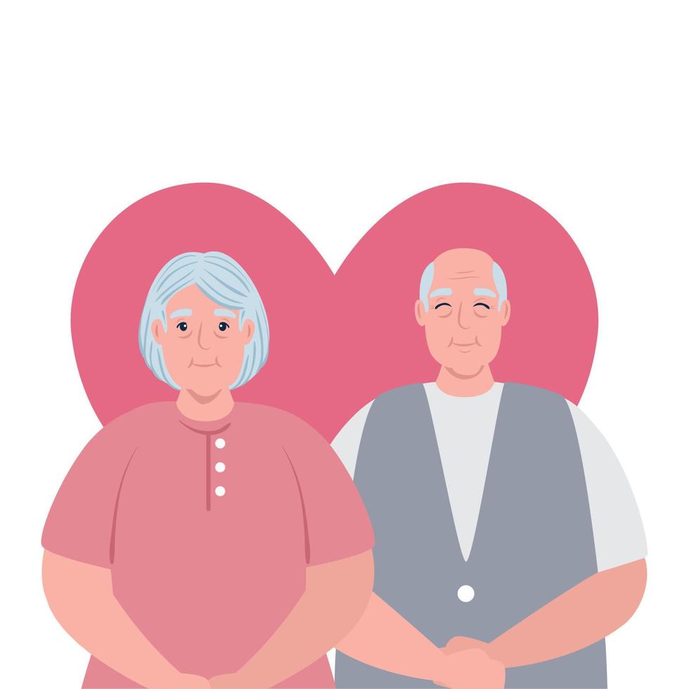 elderly couple smiling, old woman and old man with heart background vector