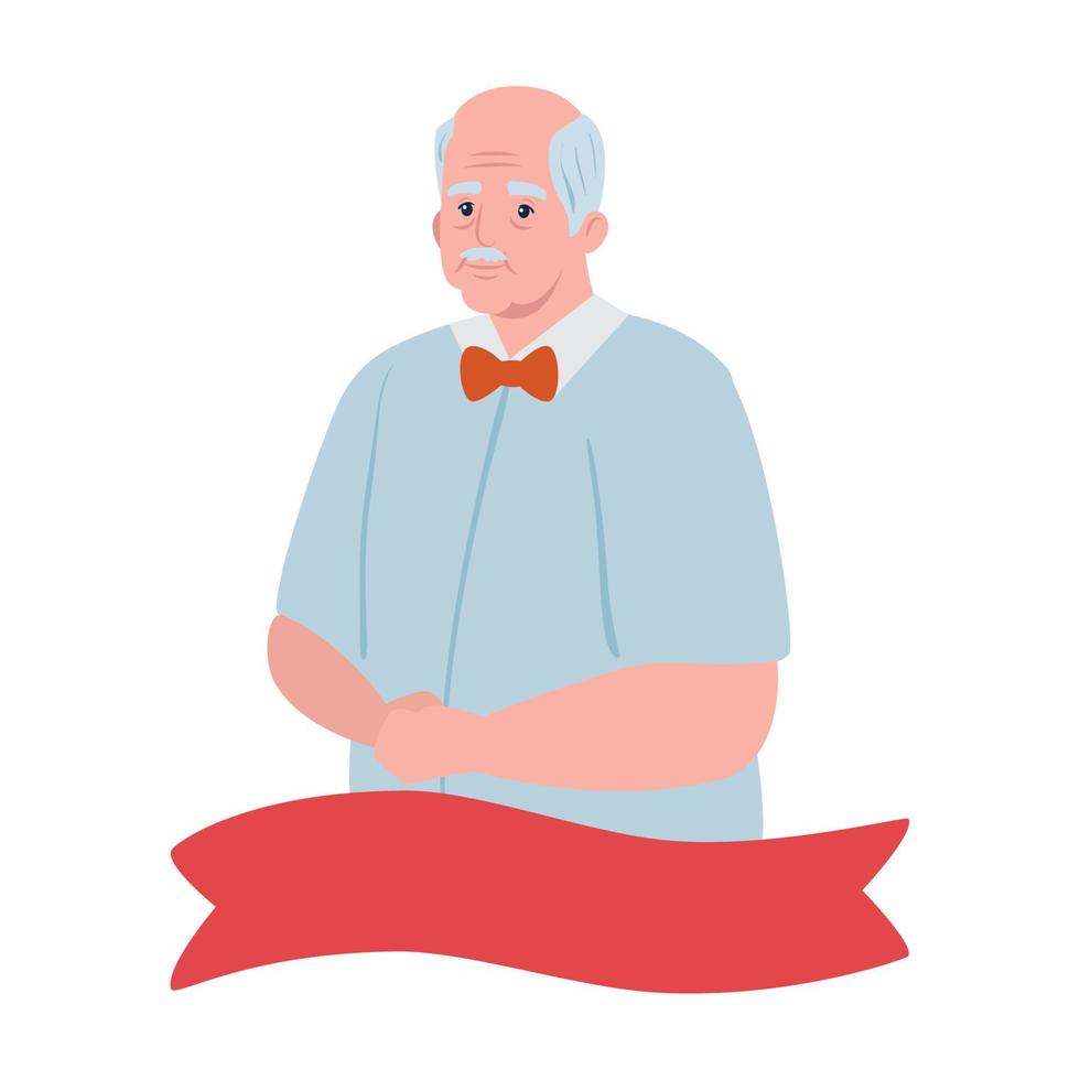 cute old man with ribbon decoration, grandfather with ribbon decoration on white background vector