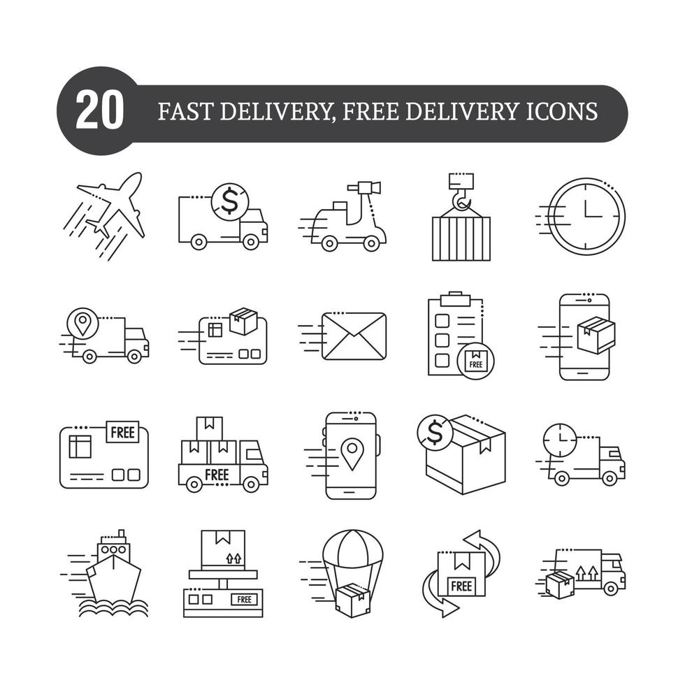 twenty designs of fast delivery and free delivery line style icons vector