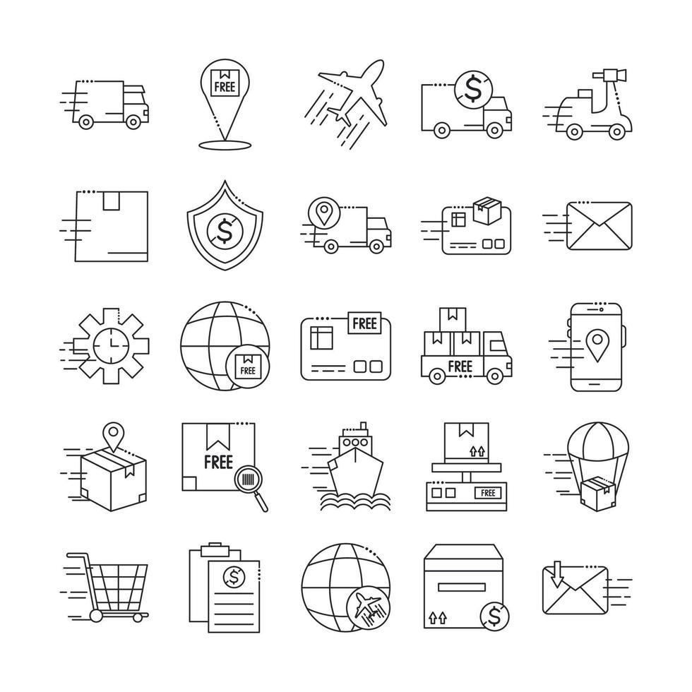 conjunto de iconos de estilo de línea de entrega rápida y entrega gratuita vector