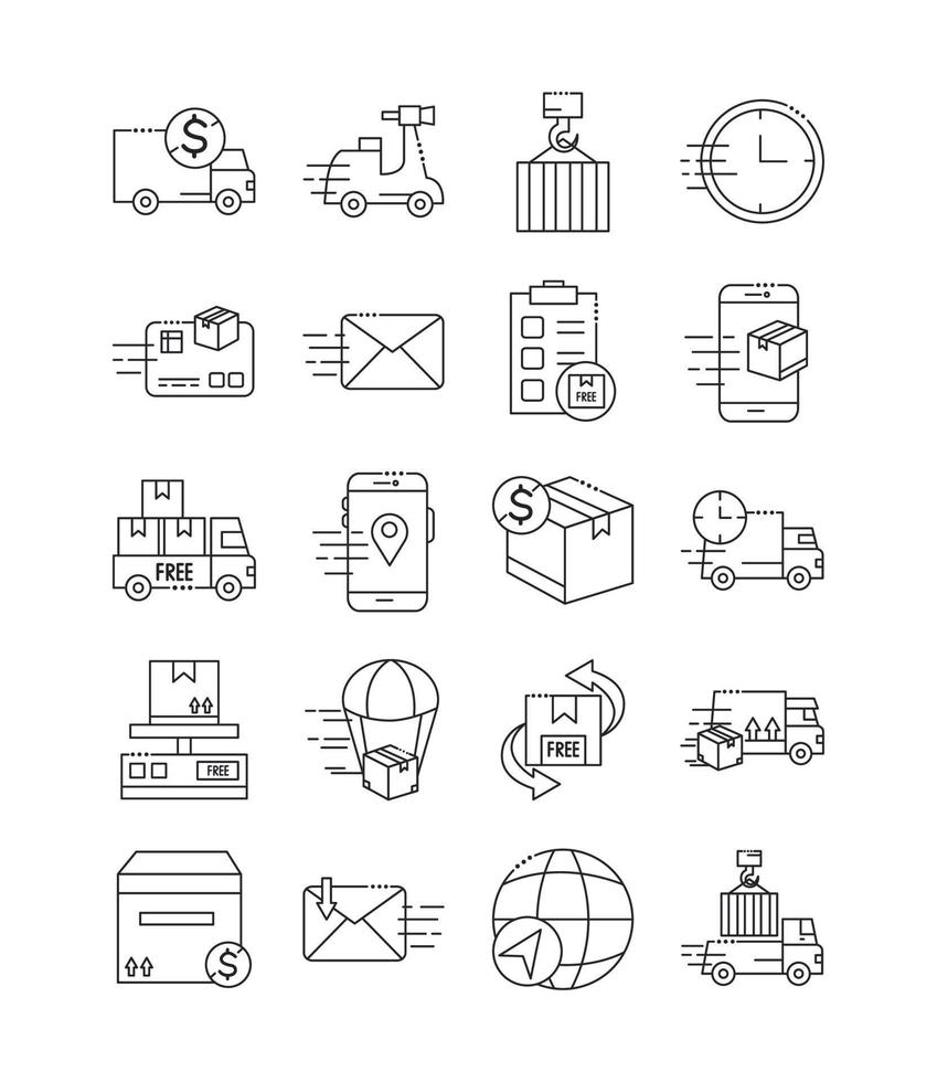 conjunto de iconos de estilo de línea de entrega rápida y entrega gratuita vector
