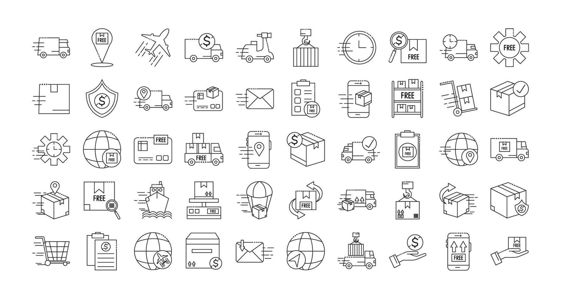 bundle of fast delivery and free delivery line style icons vector