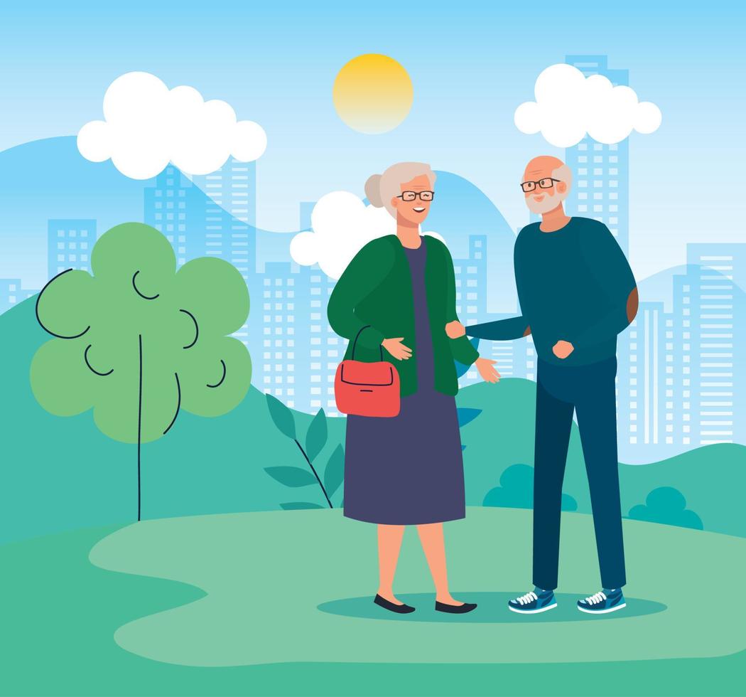 Grandmother and grandfather avatar at park vector design