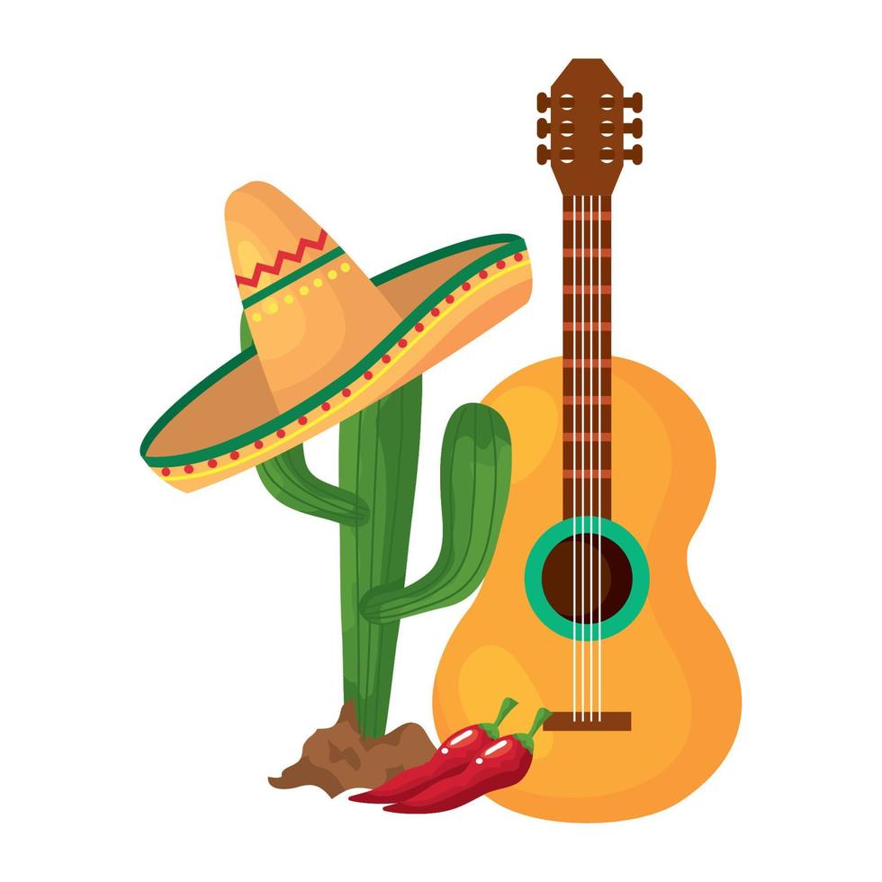 Cactus mexicano aislado con diseño de vector de sombrero y guitarra