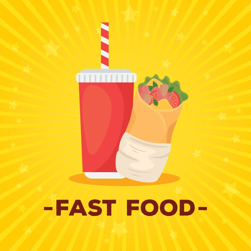 fast food poster, burrito with bottle drink vector