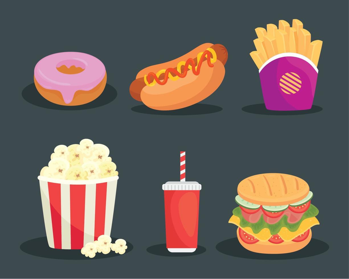 set of delicious fast food in gray background vector