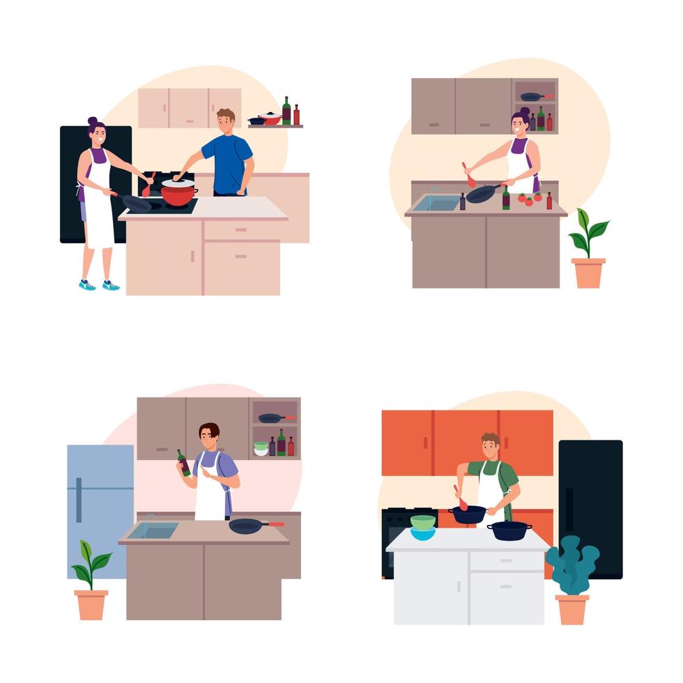 set scenes people cooking in the kitchen vector