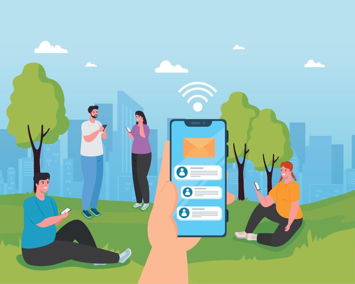 young people using smartphones outdoor, social media and communication technology concept vector