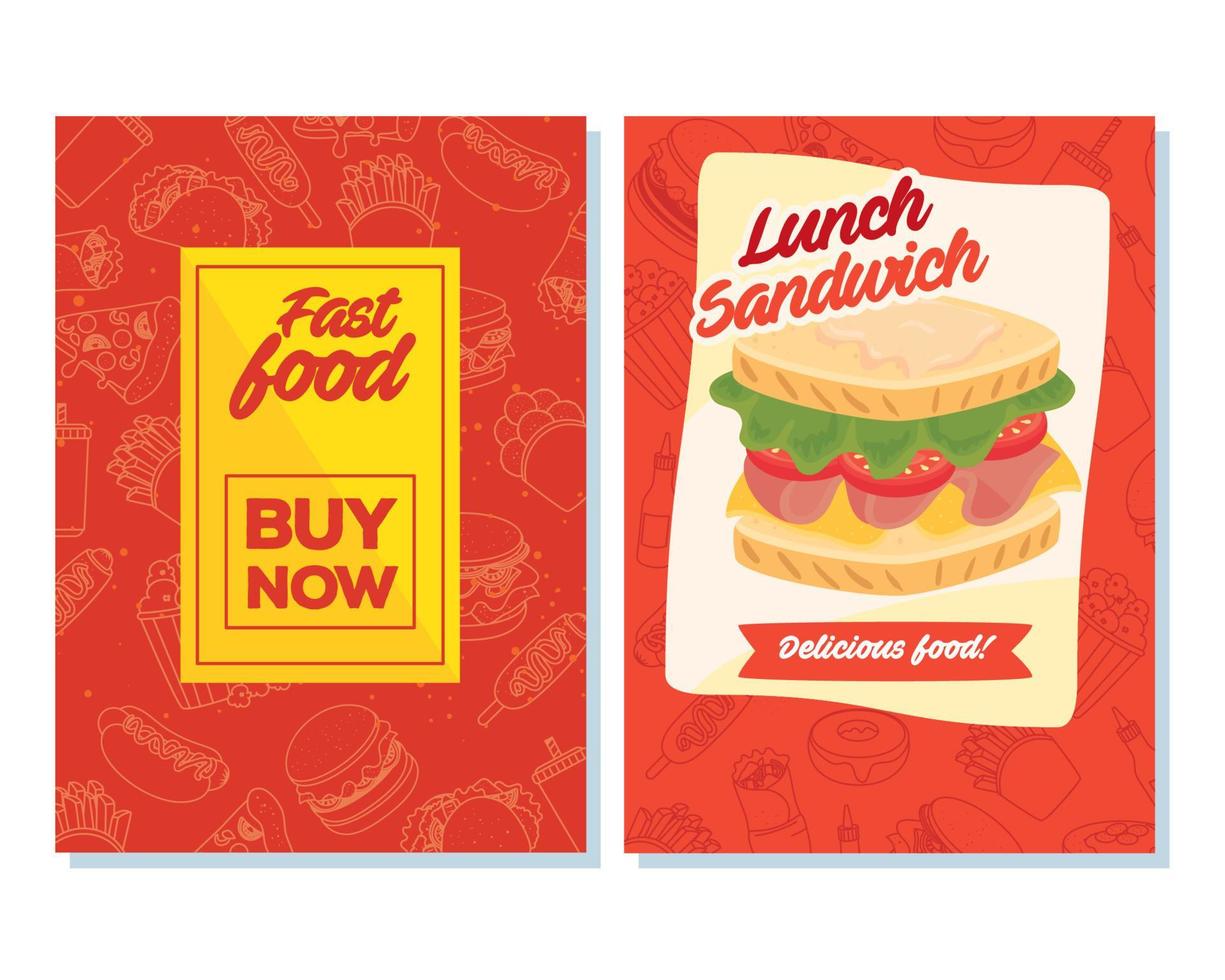 set poster fast food buy now and sandwich vector