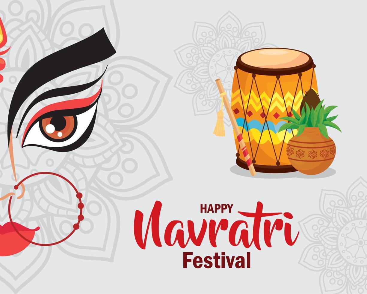 happy navratri celebration poster, face durga and decoration vector