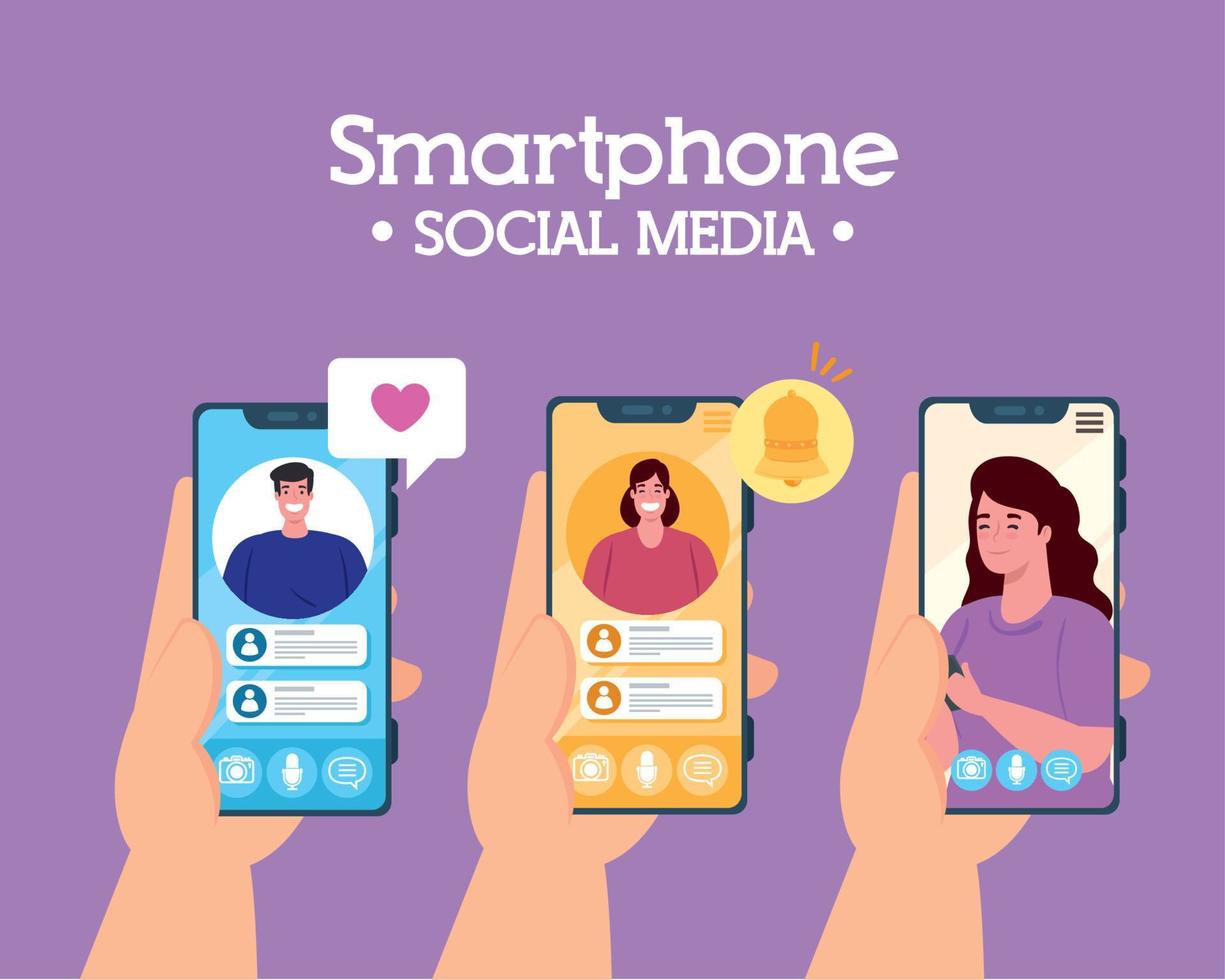 hands holding smartphones in video call, social media concept vector