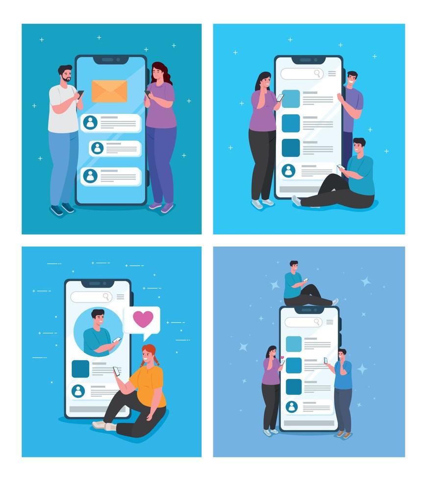 set scenes of online chat in smartphones of young people, social media concept vector