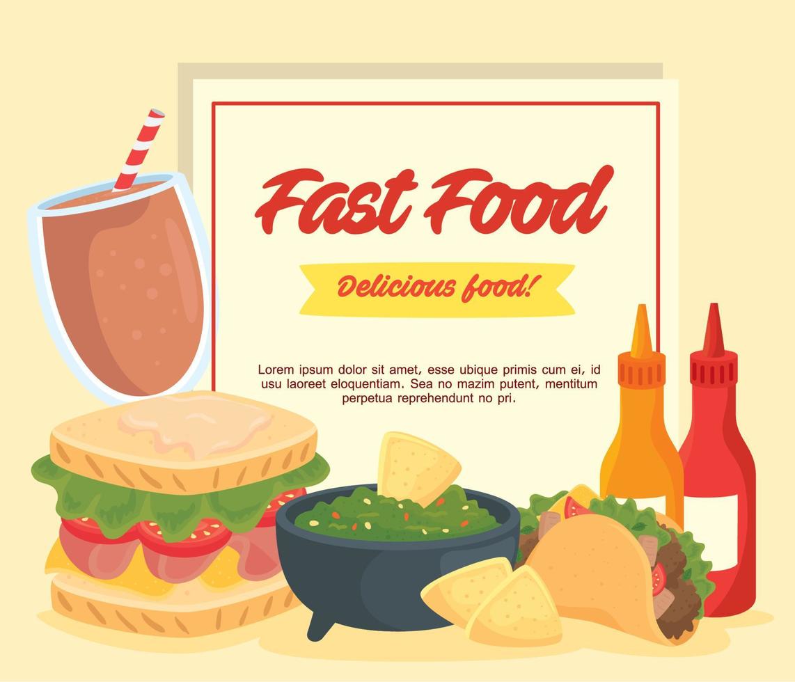 fast food poster, guacamole with sandwich and foods vector