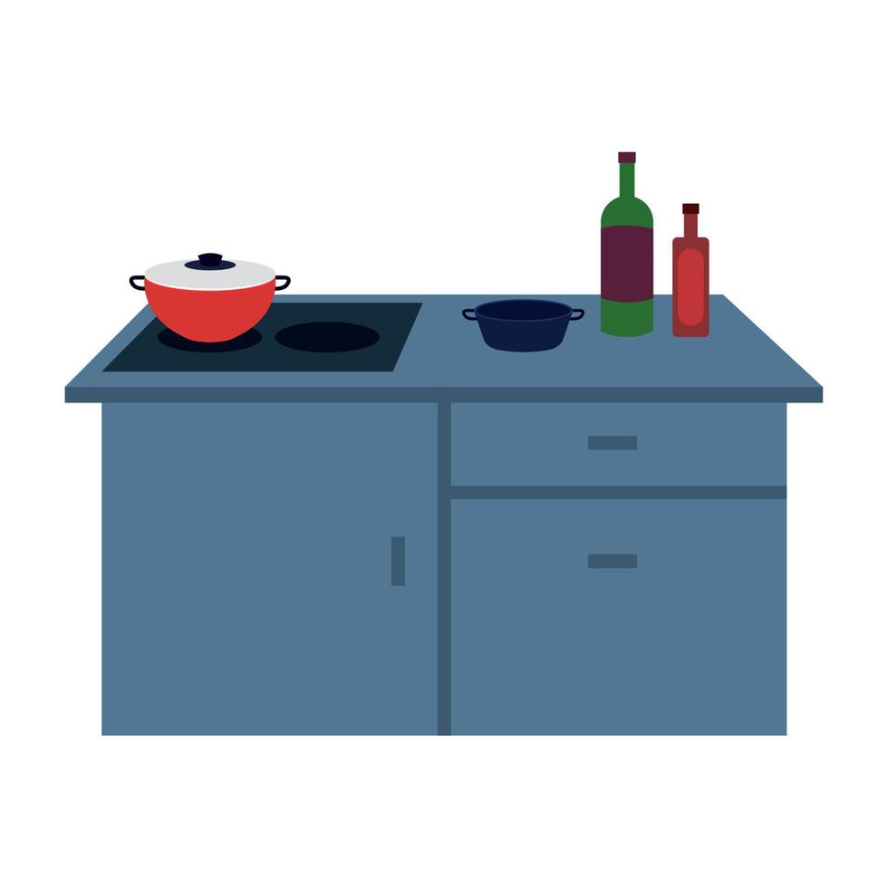 kitchen stove with drawers, pots and bottles, in white background vector