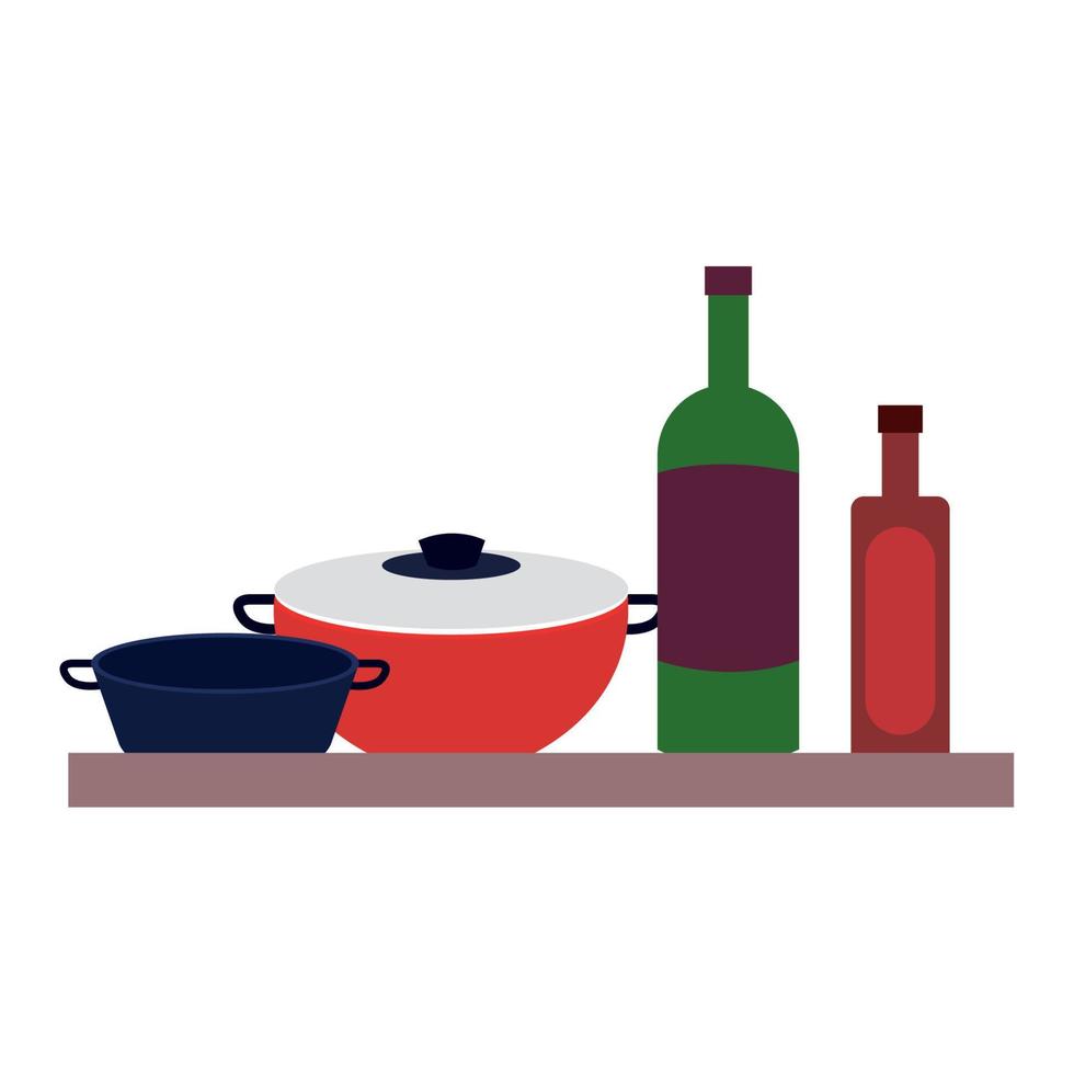 cooking pots and bottles wine, in wooden shelving vector