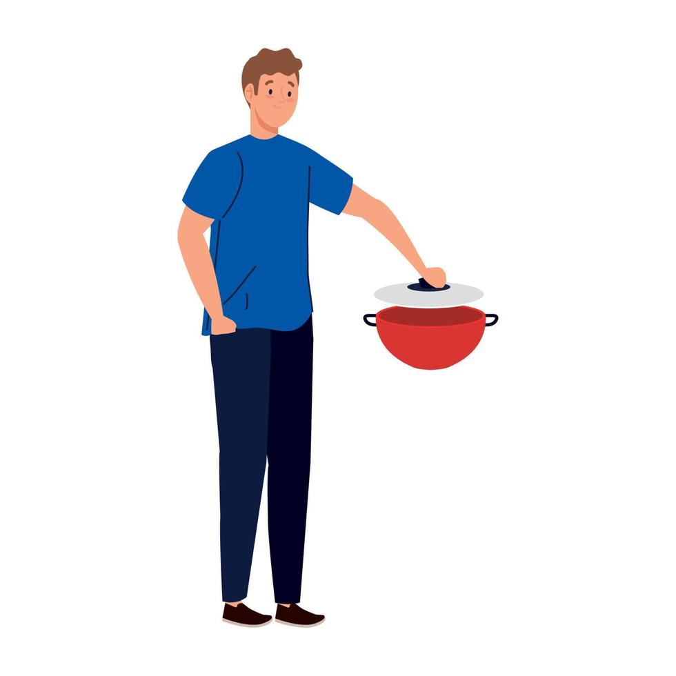 hombre cocinando con olla de cocina, de fondo blanco vector