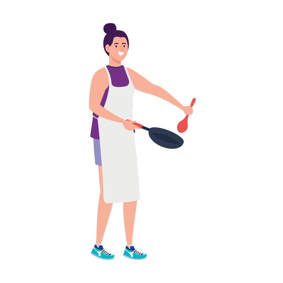 woman cooking using apron with pan and spoon, in white background vector