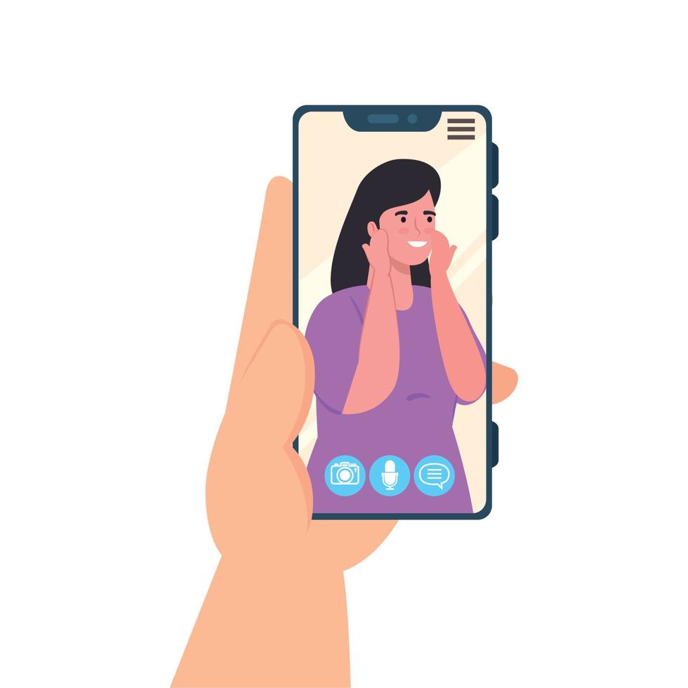 hand holding smartphone video call on the screen with young woman, social media concept vector