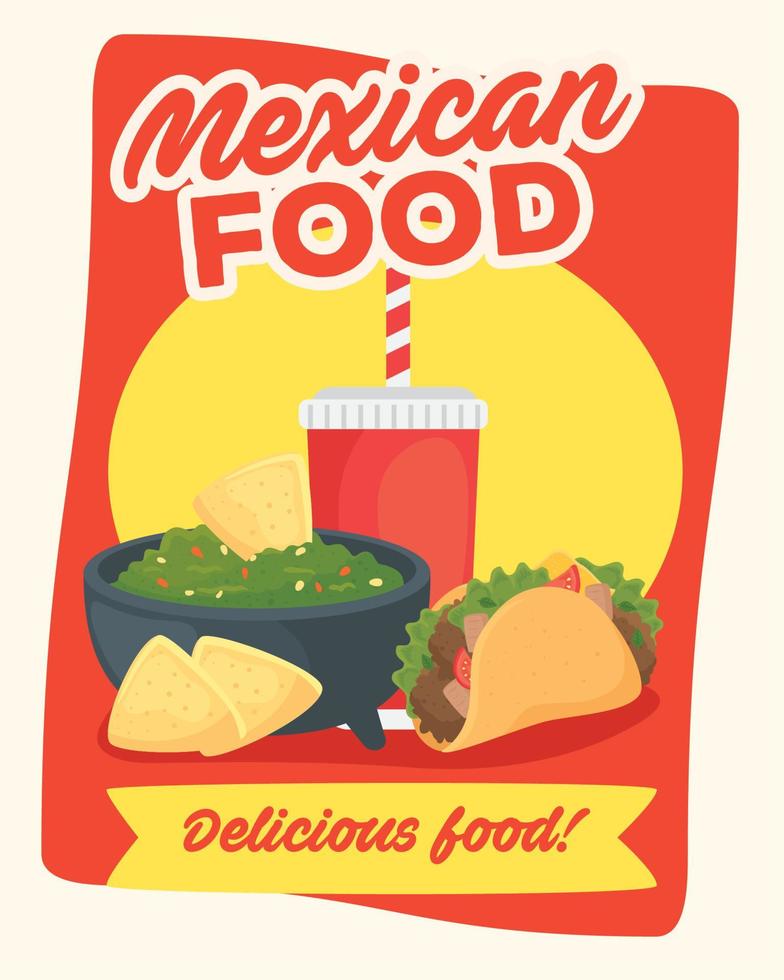 cartel de deliciosa comida mexicana, tacos con guacamole vector