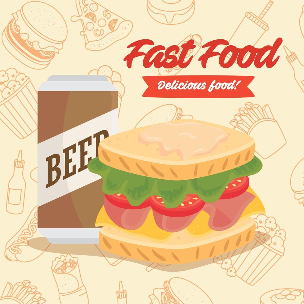 fast food poster, sandwich with beer in can vector
