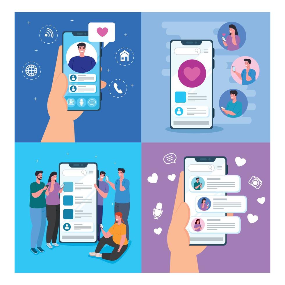 set scenes of online chat in smartphones of young people, social media concept vector