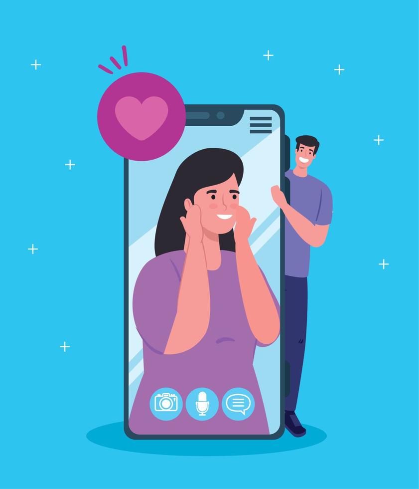 pareja joven con teléfono inteligente en videollamada, concepto de redes sociales vector