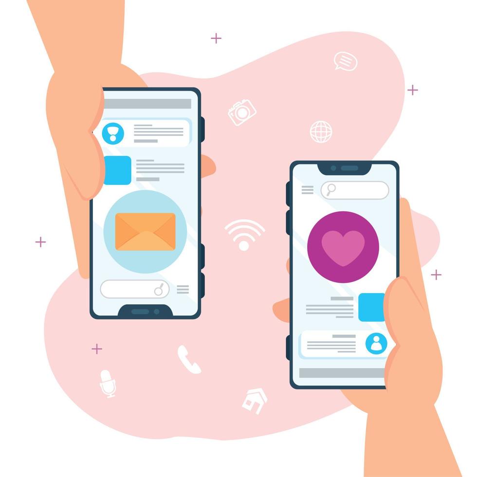 hands holding, online chat messages and notification mail in smartphones vector