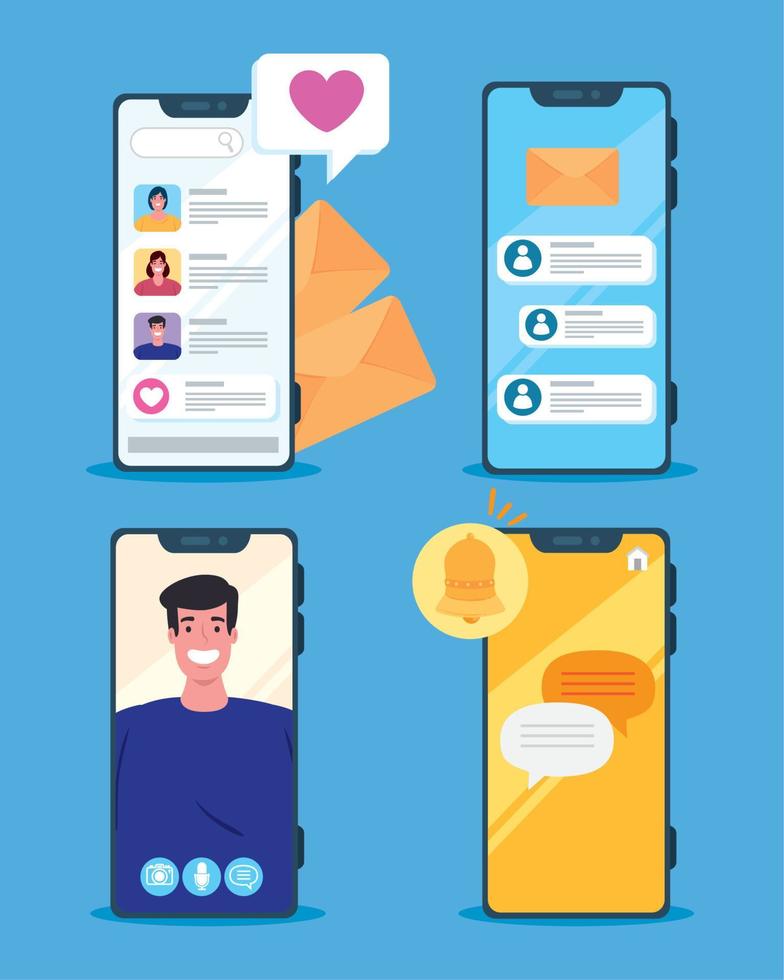 set scenes of online chat in smartphones of young people, social media concept vector