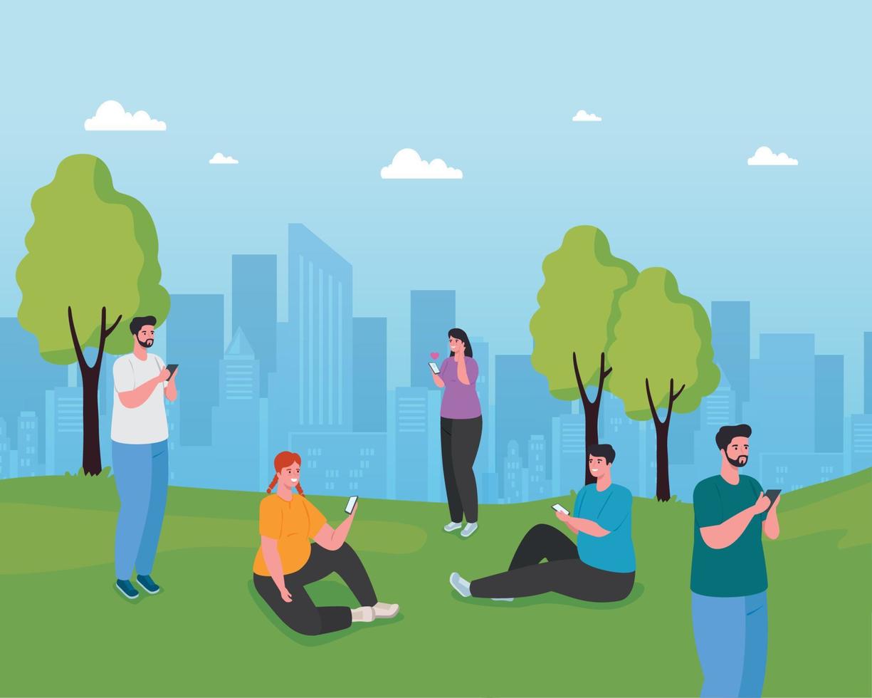 young people using smartphones outdoor, social media and communication technology concept vector