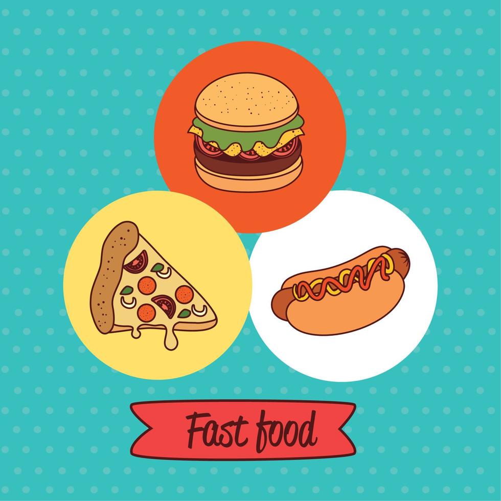 fast food poster, pizza with burger and hot dog vector