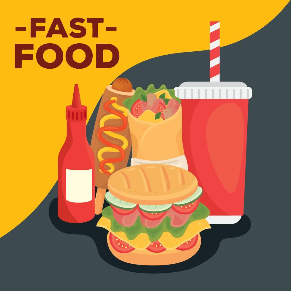 fast food poster, sandwich and set of fast food vector