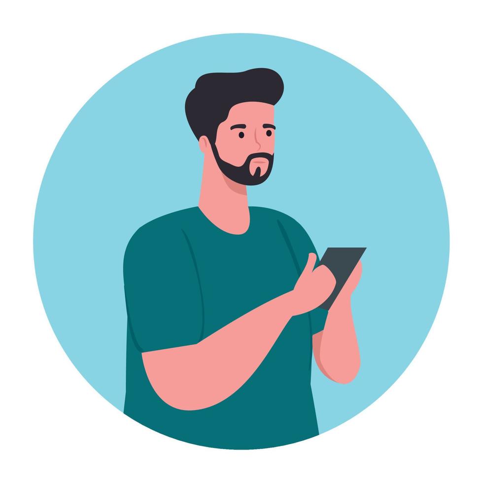 man using smartphone in circle frame, social media and communication technology concept vector