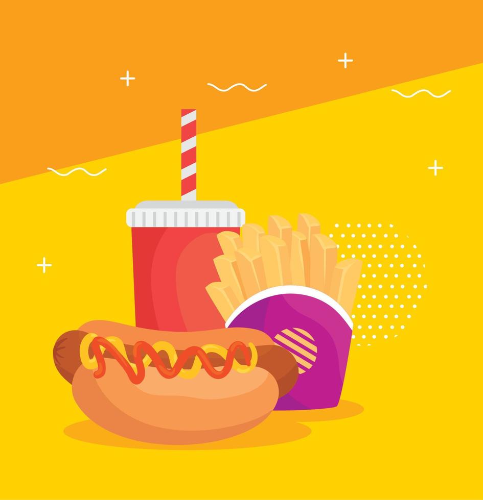 fast food, hot dog with potatoes french fries and bottle drink vector