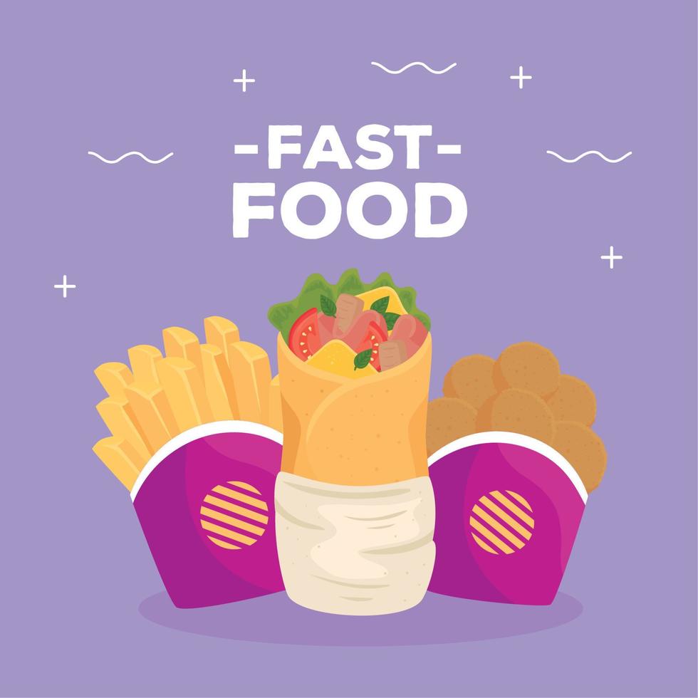 fast food poster, burrito with potatoes french fries and fried chicken vector
