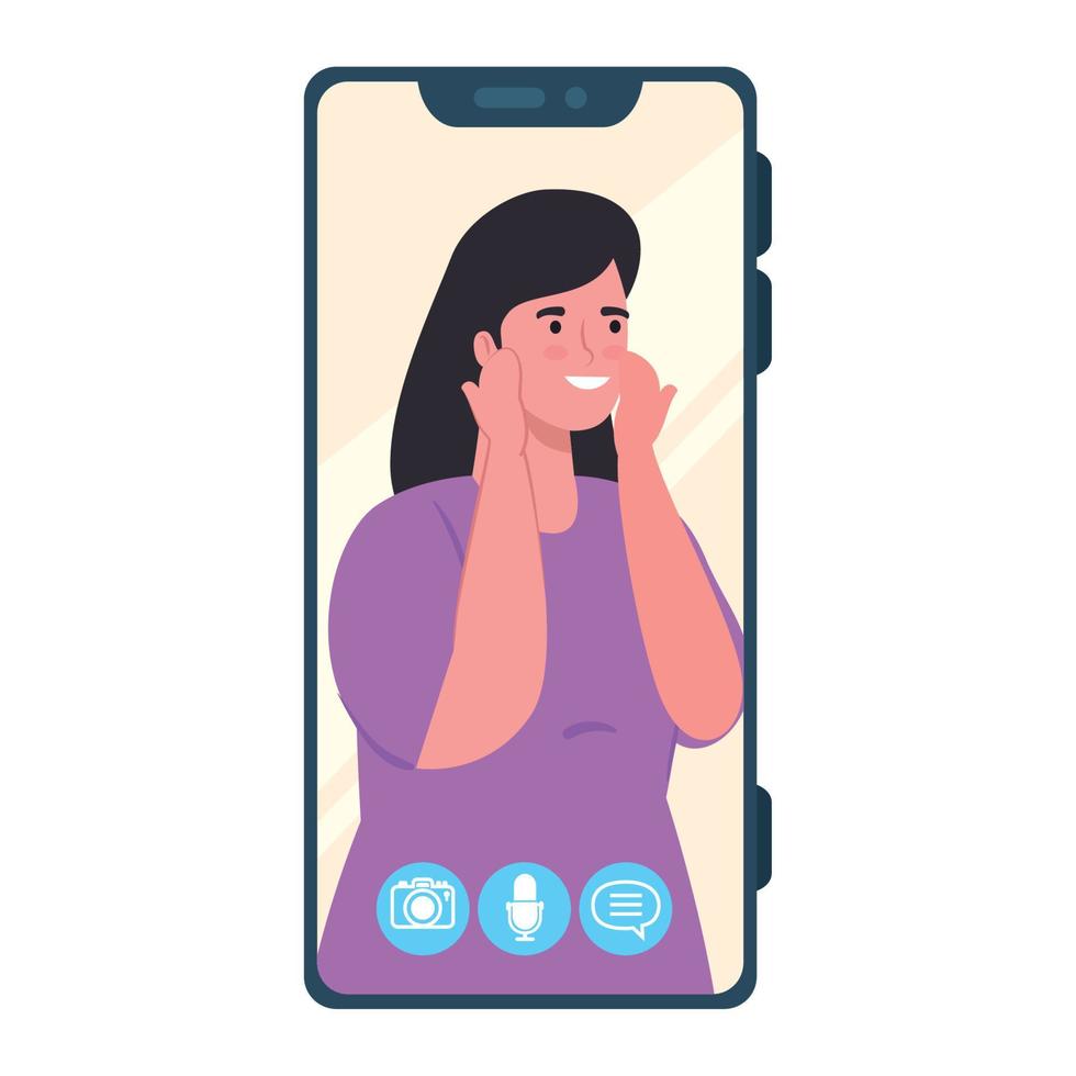 smartphone video call on the screen with woman smiling, social media concept vector