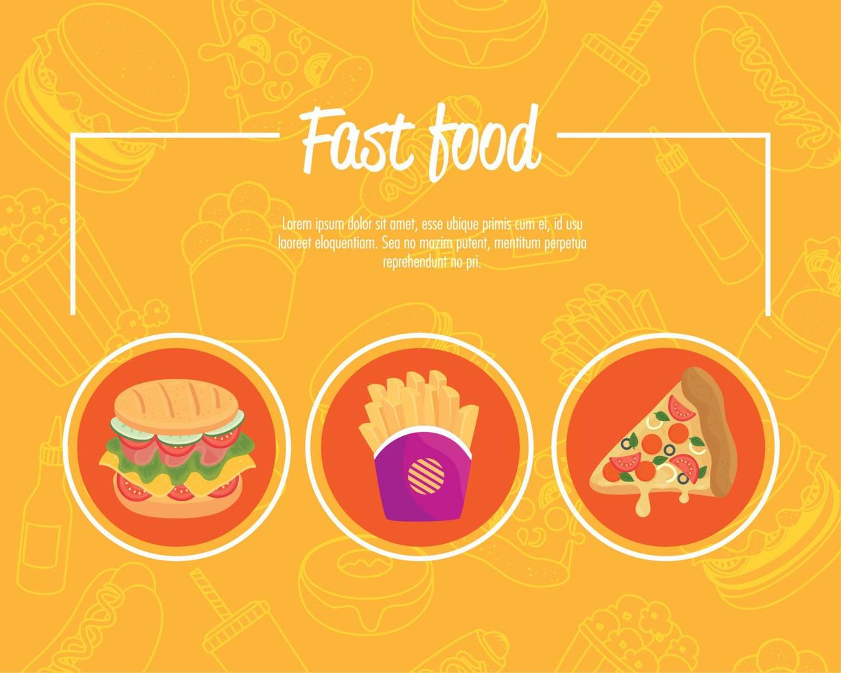 poster with set of delicious fast food vector