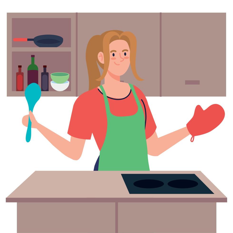 mujer cocinando con delantal, en la escena de la cocina vector