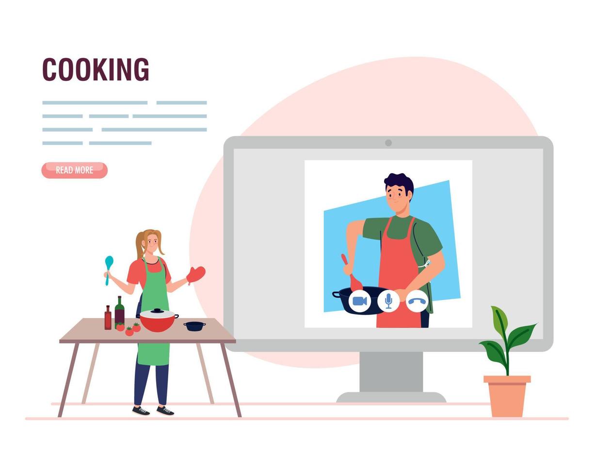 banner of cooking, woman learning to cook online vector