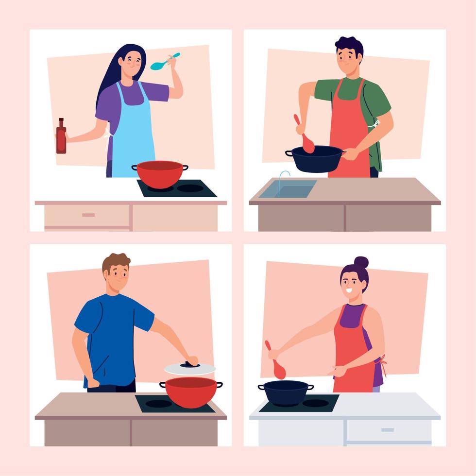 set scenes people cooking in the kitchen vector