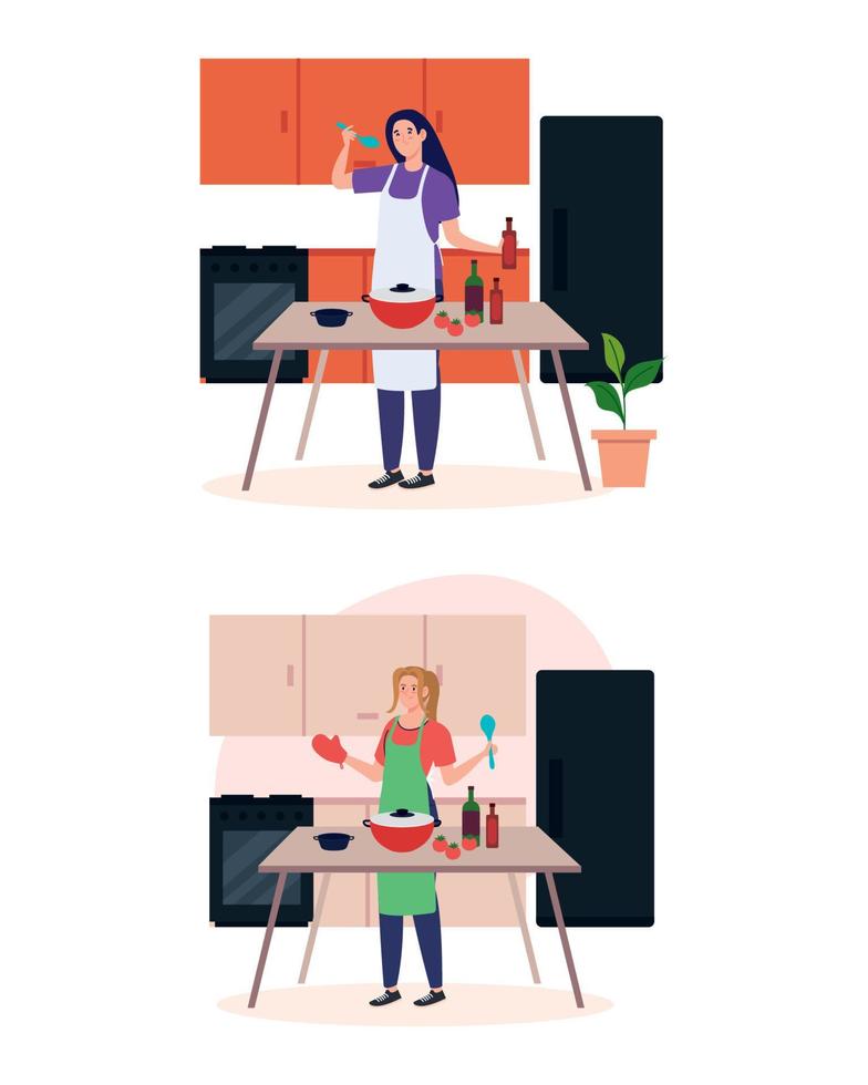 set scenes of women cooking in the house scene vector