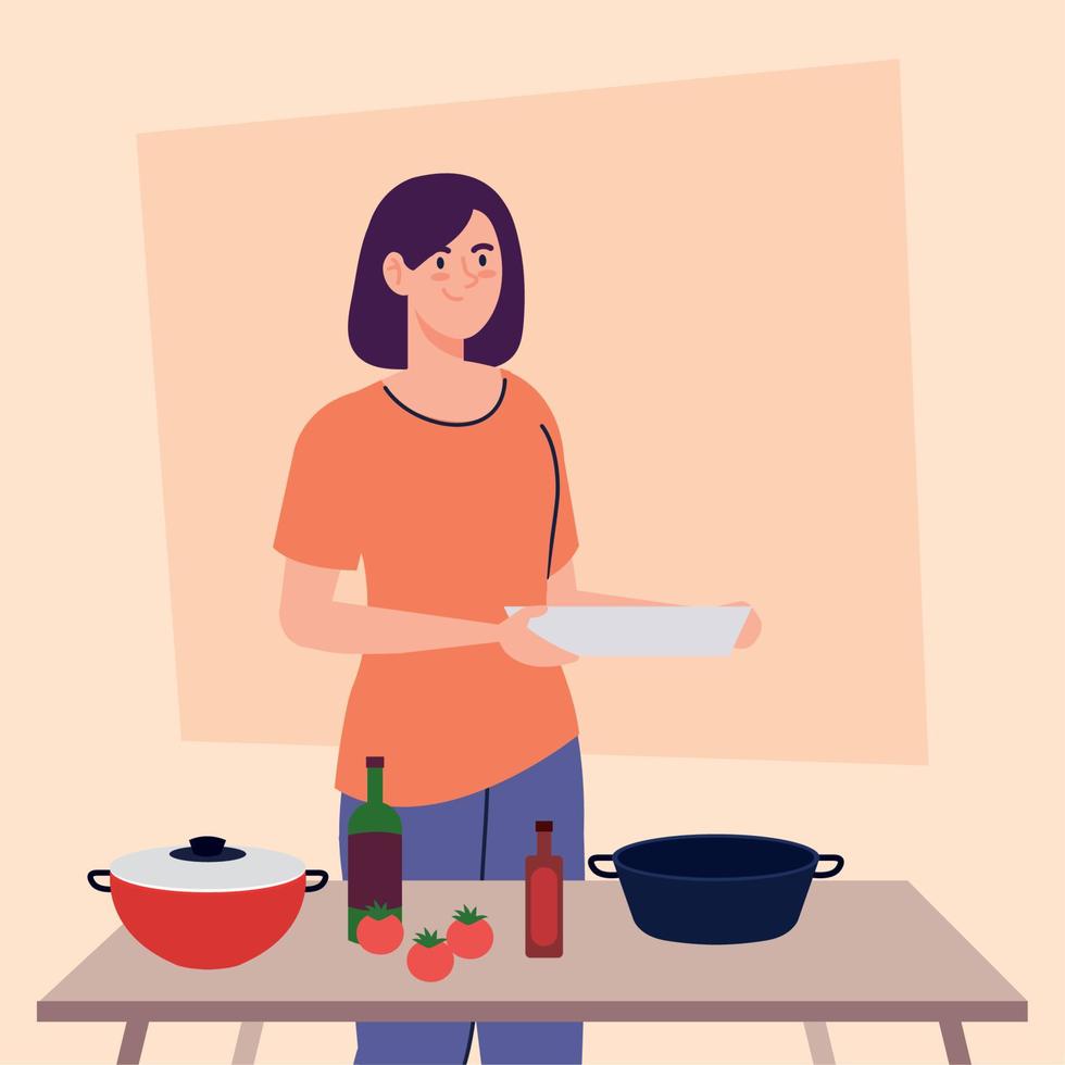 woman cooking in the kitchen scene vector