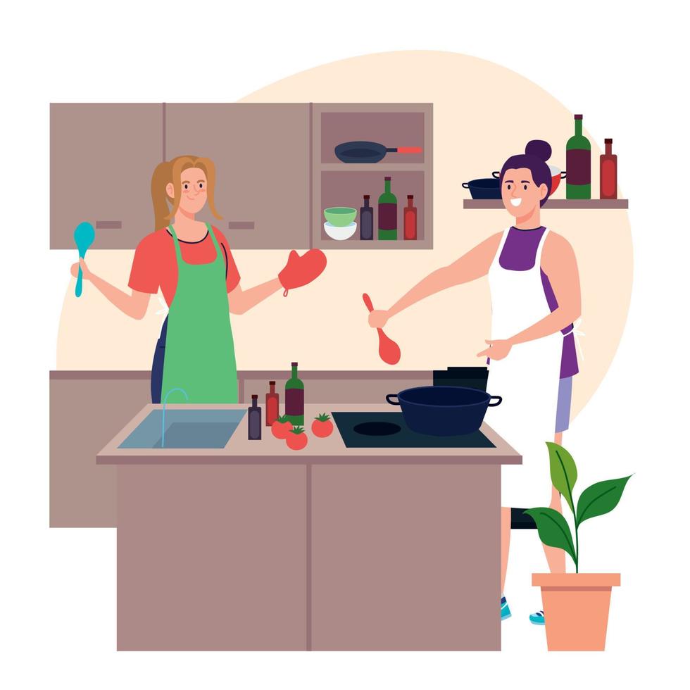 mujeres cocinando con delantal, en la escena de la cocina vector