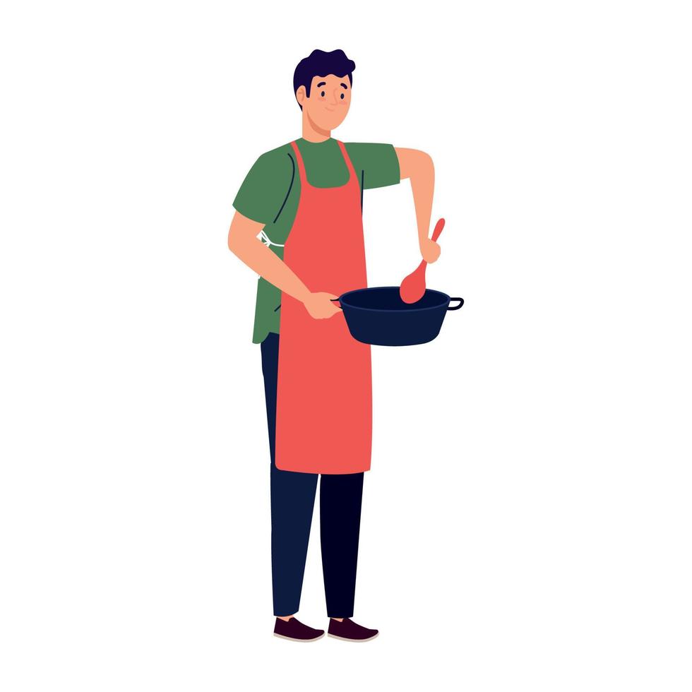 man cooking using apron with pot and spoon, in white background vector