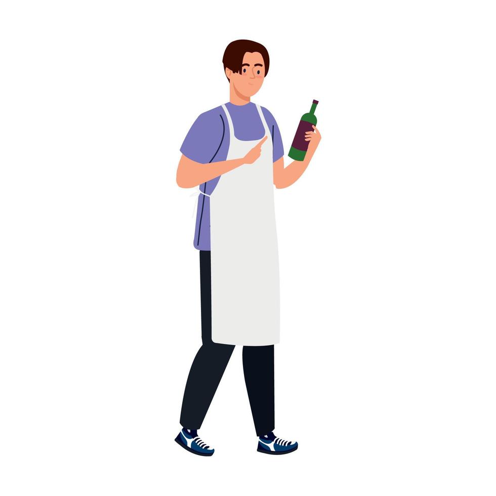 hombre cocinando con delantal con botella de vino, de fondo blanco vector
