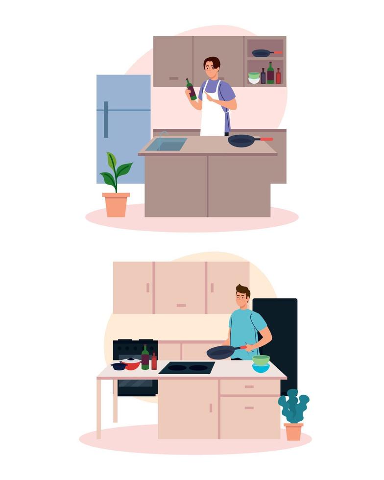 set scenes of men cooking in the house scene vector