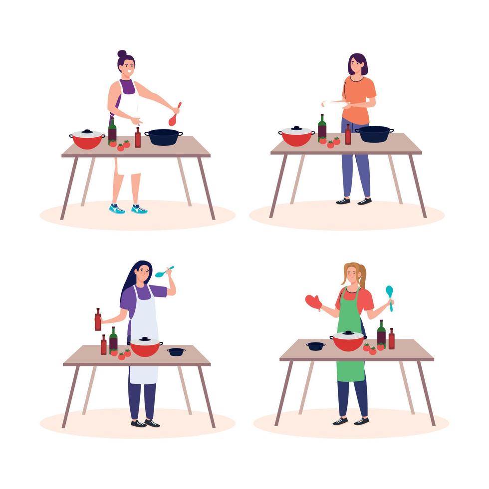 set scenes group women cooking vector
