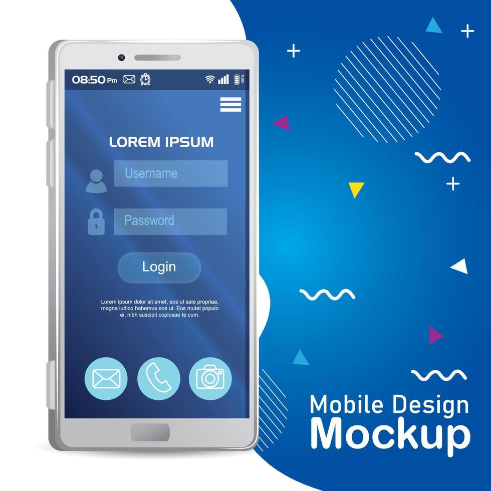 poster mobile design mockup, realistic smartphone with login, user and password on the screen vector