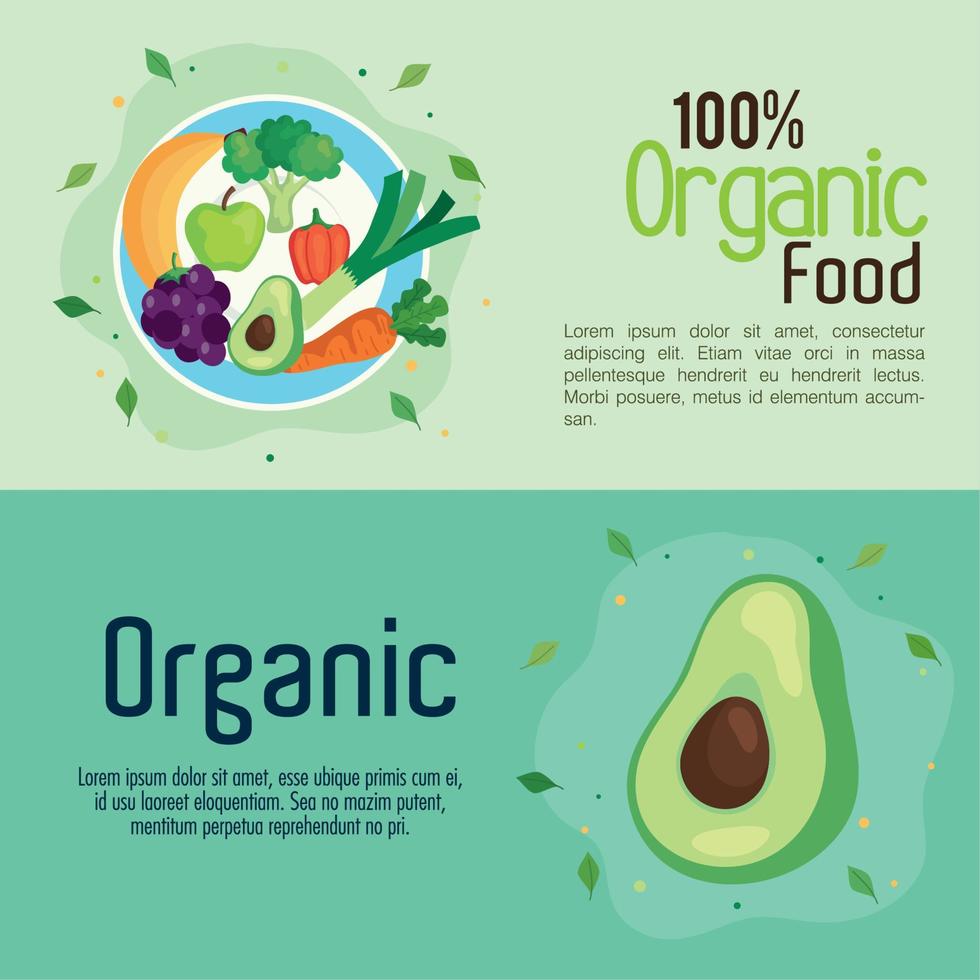 banner con alimentos 100 por ciento orgánicos, concepto de alimentos saludables vector