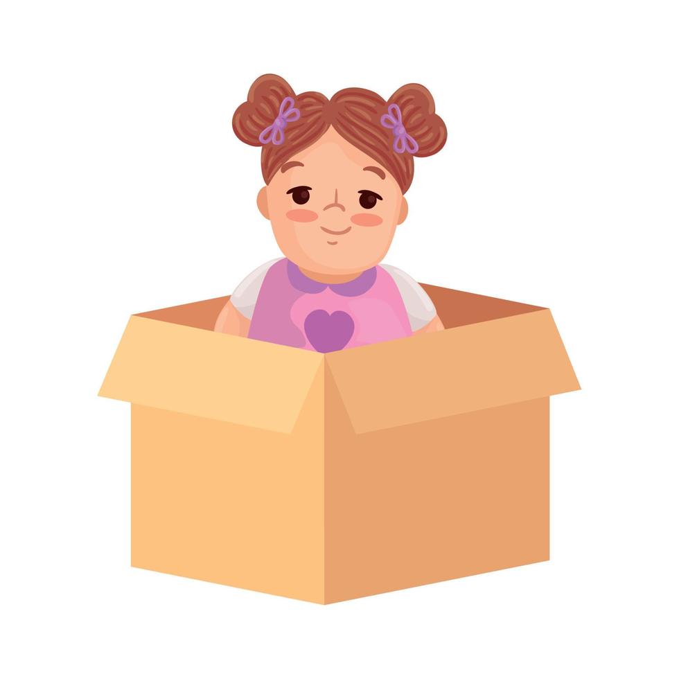 Linda muñeca de juguete en caja de cartón, en fondo blanco. vector