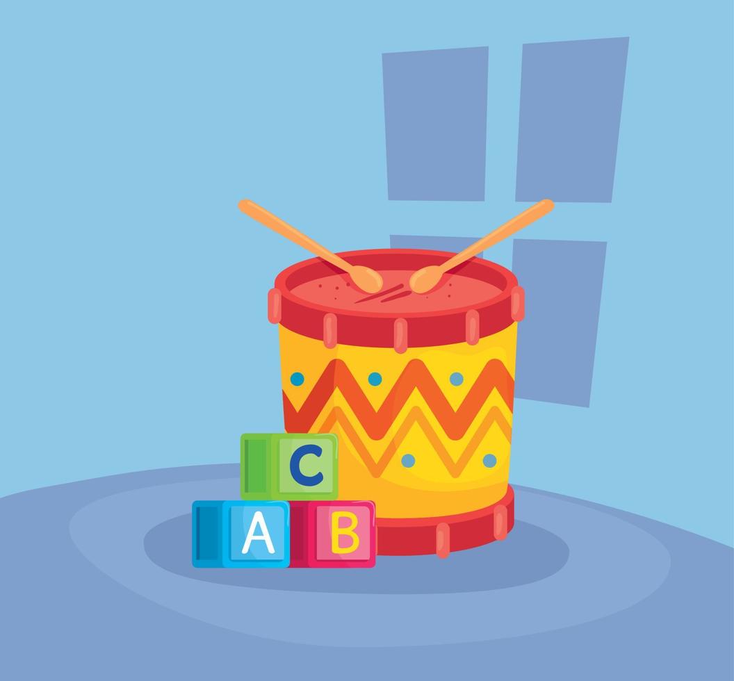 kids toys, cubes alphabet and drum vector